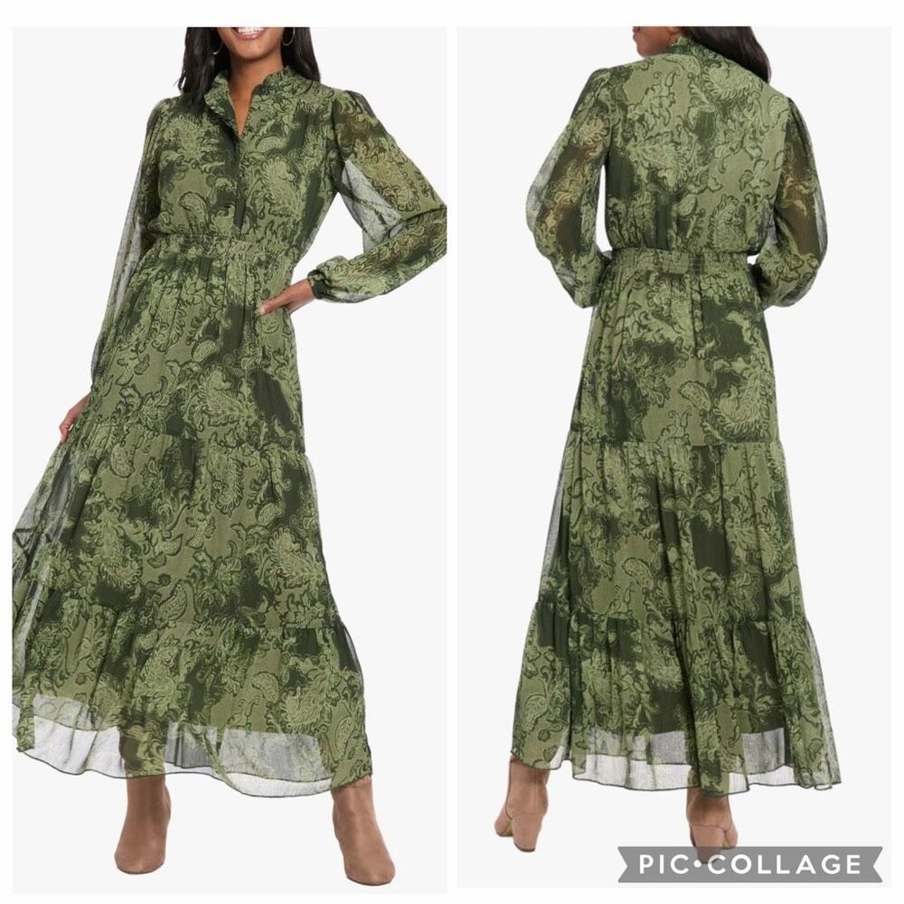 Forest green paisley printed smocked waist popover tired maxi dress modest